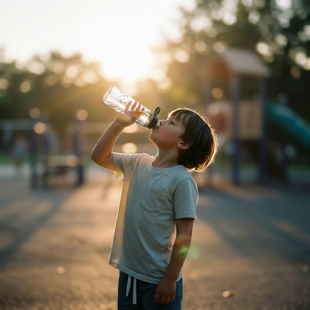 Kindje dat water drinkt in het speeltuintje